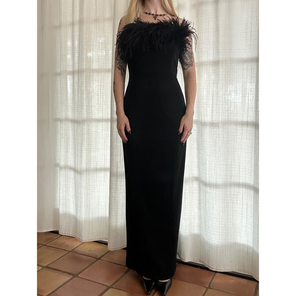 Vintage 90s feather trim lurex black evening dress goth grunge